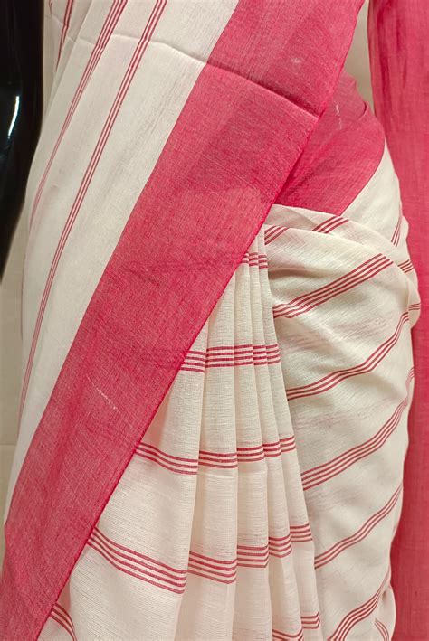 Off-White Soft Handloom traditional Dhonekali Stripes Cotton Saree ...
