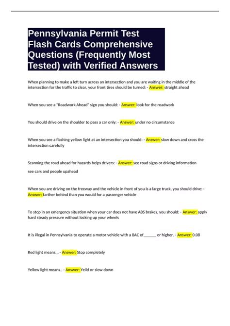 Pennsylvania Permit Test Flash Cards Comprehensive Questions ...