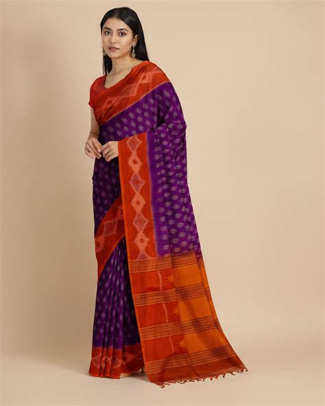 Tanirika - Purple Ikkat Cotton Saree with Orange Diamond Border ...