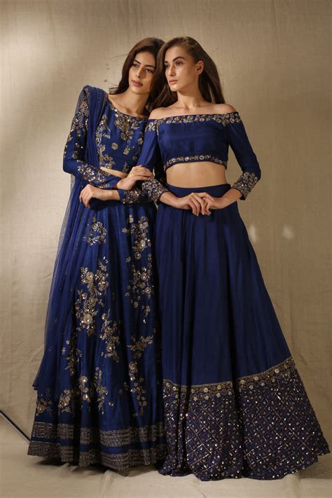 Navy Blue Silk With Antique Work Off-Shoulder Crop Top Lehenga Set ...