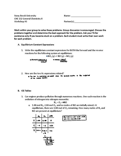 CHE 132 Workshop 3: Equilibrium Constant Expressions & K Calculations ...