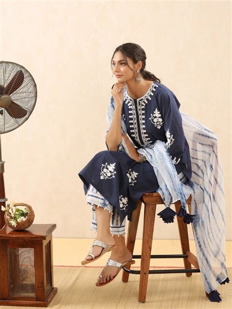 Buy Dark Blue Aari Embroidered Cotton Kurta with White Tie and Dye ...