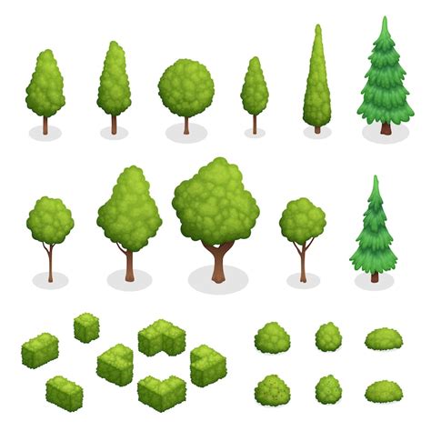 Isometric set of park plants with green trees and bushes of various ...
