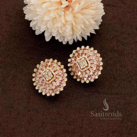 American Diamond Gold Plated Floral Stud Earrings - Sasitrends