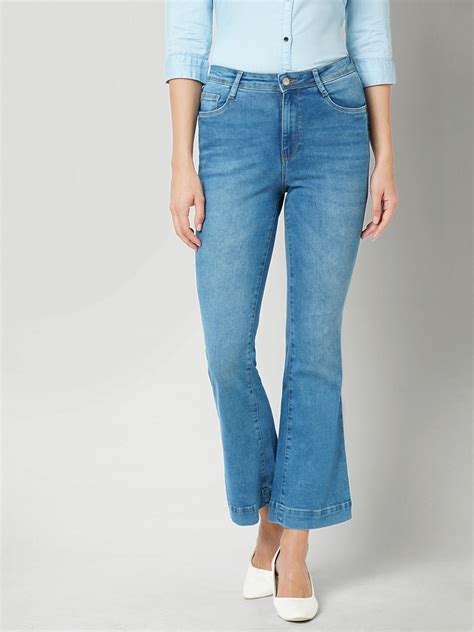 Buy Women Mid Blue High Rise Mini Flare Jeans | Kraus Jeans