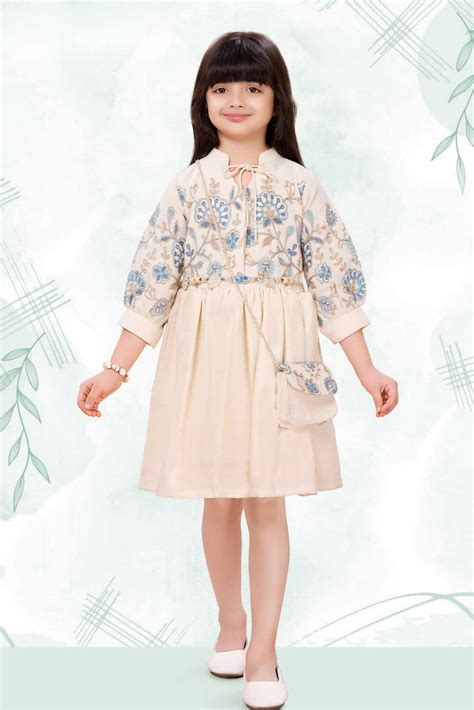 Beige Floral Embroidered Midi Dress with Sling Bag For Girls – Lagorii Kids