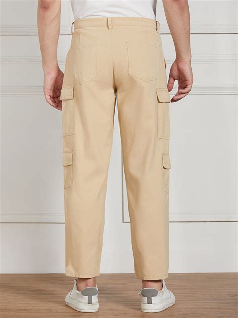 Men's Light Khaki Cotton Lycra Solid Stretchable Relaxed fit Cargo Tro ...