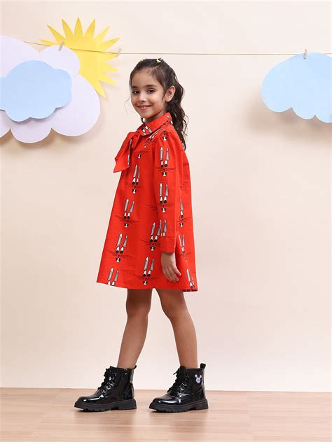 Girls' Red Bow-Tie Dress with Fun Bunny Print - Stylish & Playful ...