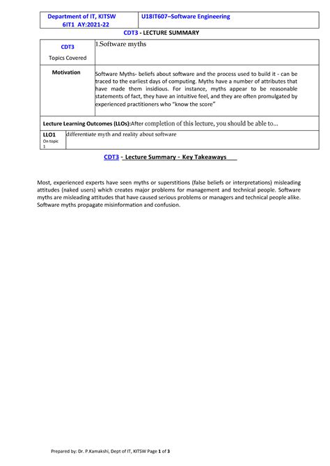 Software myths in SE - Department of IT, KITSW 6IT1 AY:2021- U18IT607 ...