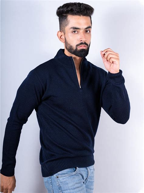 Buy Navy Blue Color Classic Zipper Men's Sweater Online | Tistabene