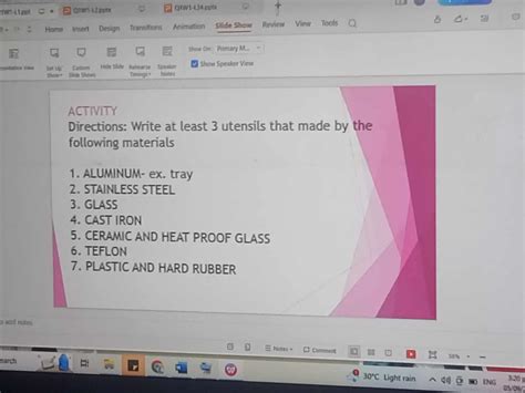 write at least 3 utensils that made by the following materials: pa ...