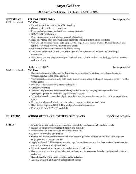 Unit Clerk Resume Samples | Velvet Jobs