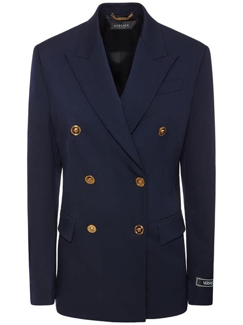 Versace Stretch Wool Double Breast Jacket - Navy | Editorialist