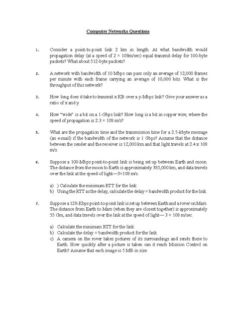 Computer Networks Questions: Bandwidth, Delay, and Throughput Analysis ...