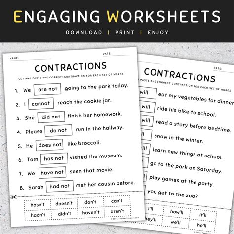 Contractions Sentences Worksheets Cut and Paste Grammar Practice ...