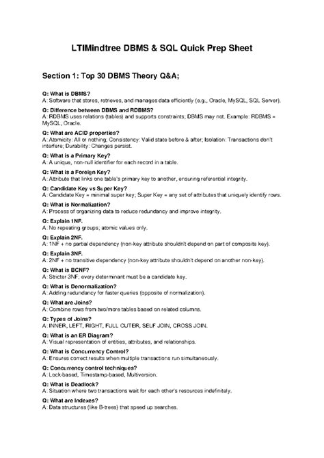 LTIMindtree DBMS SQL Cheat Sheet: Key Concepts & Queries - Studocu