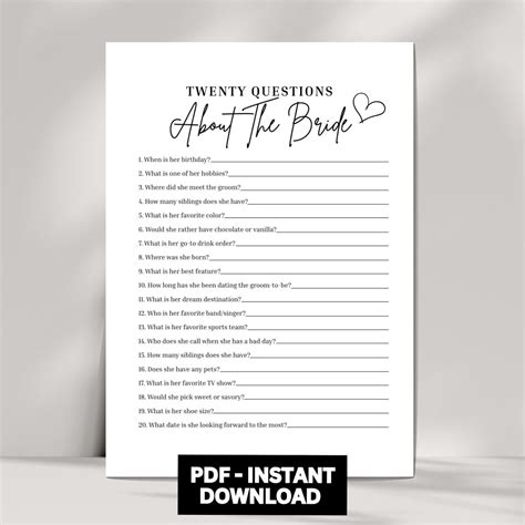 20 Questions Bridal Shower Game, Twenty Questions About the Bride ...