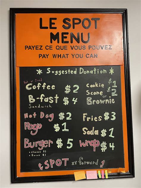 Menu at Le Spot restaurant, Montréal