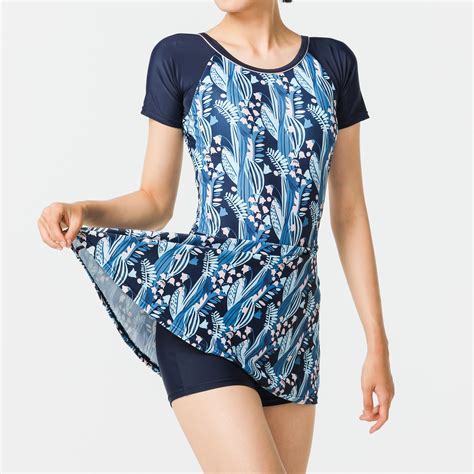 Women's Una one-piece short-sleeved swimsuit with skirt BLUE PRINT