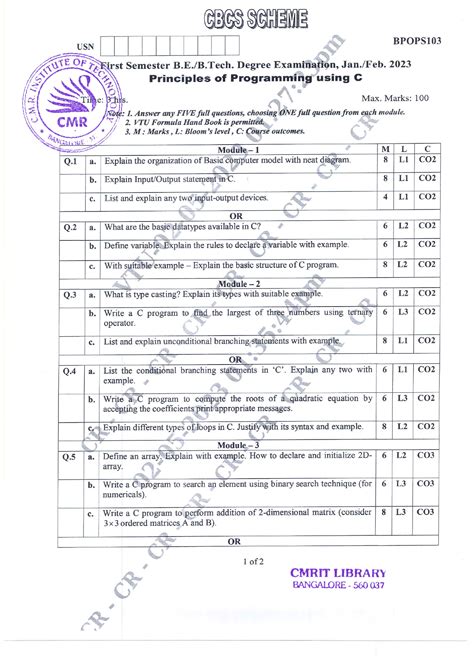 VTU Question Paper of Bpops 103 Principles of Programming Using C Jan ...