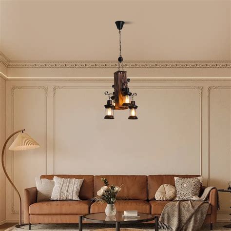 Oukaning Vintage Wood 4-Light 17.7-in Rustic Farmhouse Loft Lantern ...