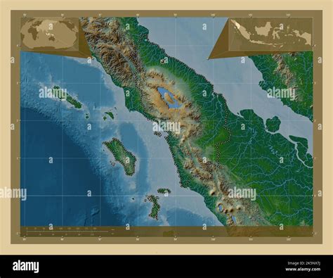 Sumatera Utara, province of Indonesia. Colored elevation map with lakes ...
