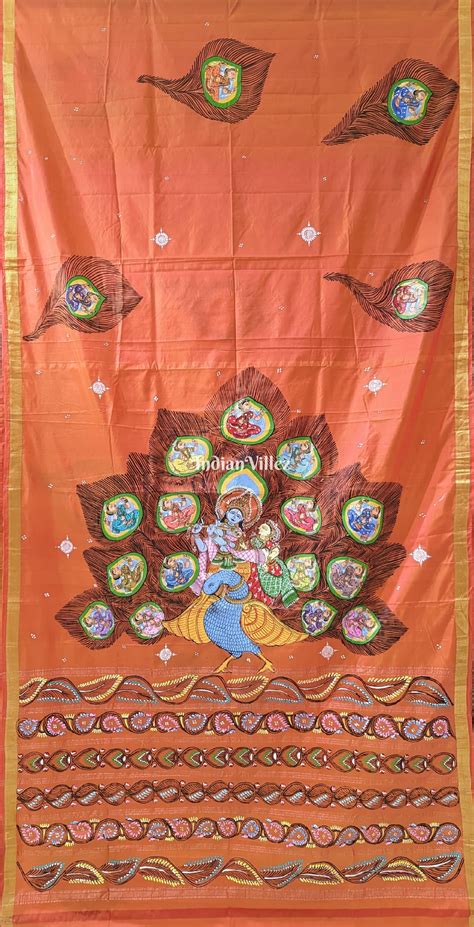 Orange Radha Krishna Peacock Design Pattachitra Saree – IndianVillèz