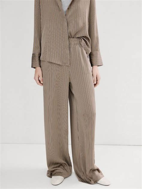 Mango Stripe Wide Leg Trousers, Taupe