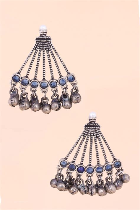 Oxidised Triangular Earring With Ghungroo 10071264 – Avishya.com