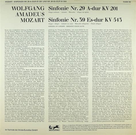 Colin Davis. Sinfonia of London. Mozart. Sinfonien Nr. 29 A-dur KV 201 ...