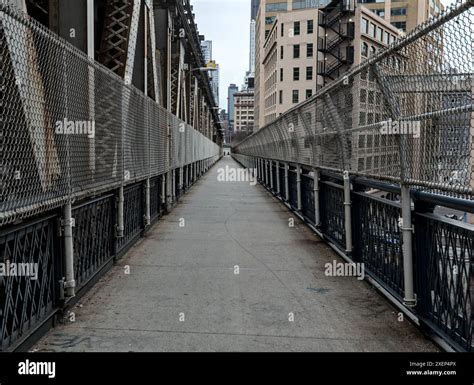 view of manhattan bridge pedestrian walkway (overpass over hudson river ...