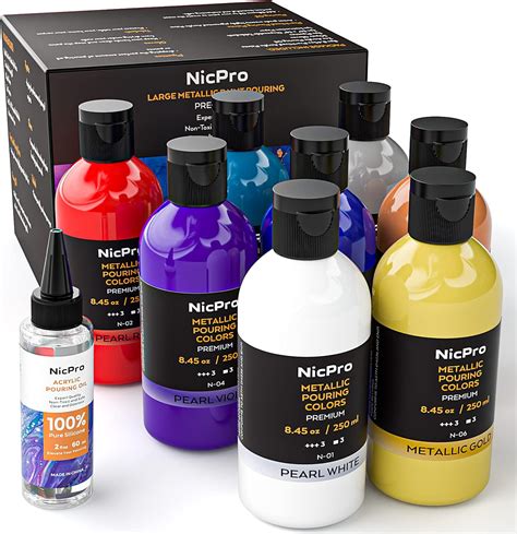 Nicpro 8 Colors 8.45oz Metallic Acrylic Pour Paint Supplies Kit, Large ...