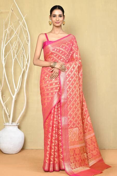Buy Pink Saree Banarasi Cotton Silk Woven Floral With Running Blouse ...