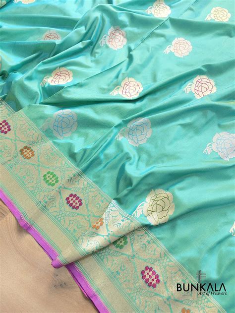Shop Blue Pure Katan Silk Hand Weaved Kadwa Meenakari Banarasi Saree ...