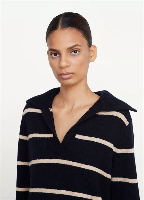 VINCE Easy Striped Johnny Collar Sweater - Coastal Blue/Heather Desert ...