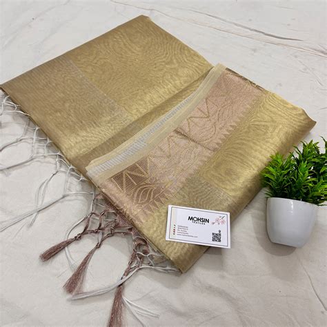 Gold Zari Border Tissue Silk Banarasi Saree – Mohsin Textiles