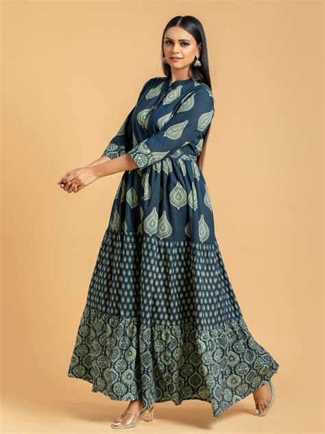 Dark Blue Tiered Dress With Floral Print In Cotton – Tirumala Designers