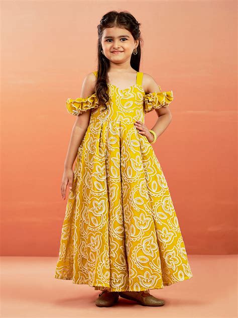 Mustard Floral Embroidered Gown Girls | VASTRAMAY – vastramay