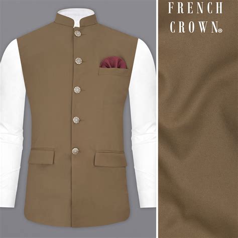 Khaki Brown Textured Premium Terry-Rayon Wedding Nehru Jackets For Men.