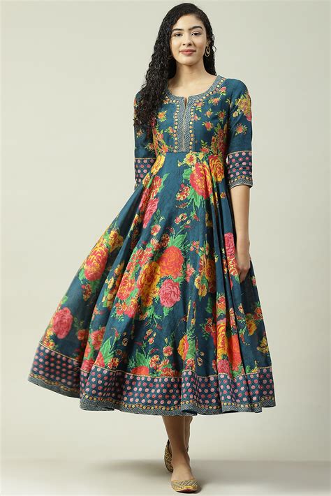 Teal Cotton Flared Fusion Printed Dress at Biba India