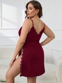 Plus Lace Trim Split Thigh Cami Nightdress | SHEIN USA