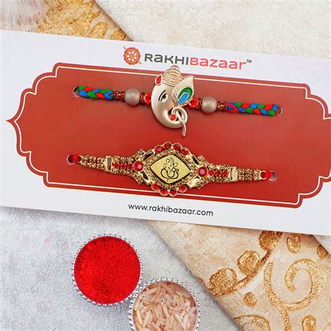 Send Set of 2 Golden Ganesha Rakhis Online | Rakhibazaar.com
