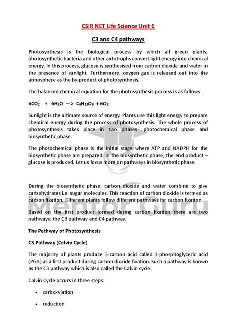 CSIR NET Life Science: C3 and C4 Pathways in Photosynthesis - Studocu