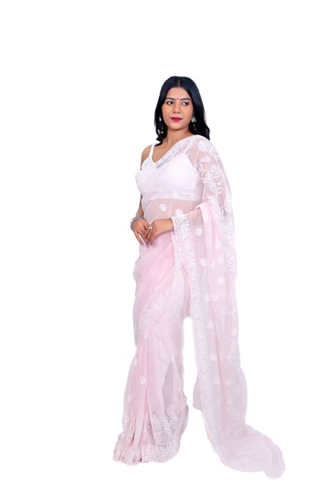 Baby pink Saree with floral Chikankari Embroidery