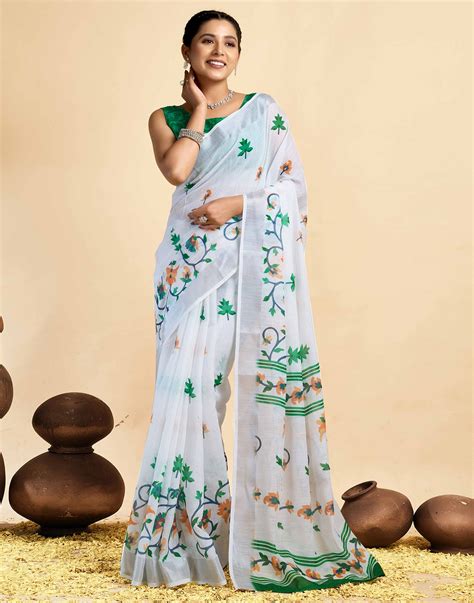 White Linen Floral Printed Saree – Sudathi