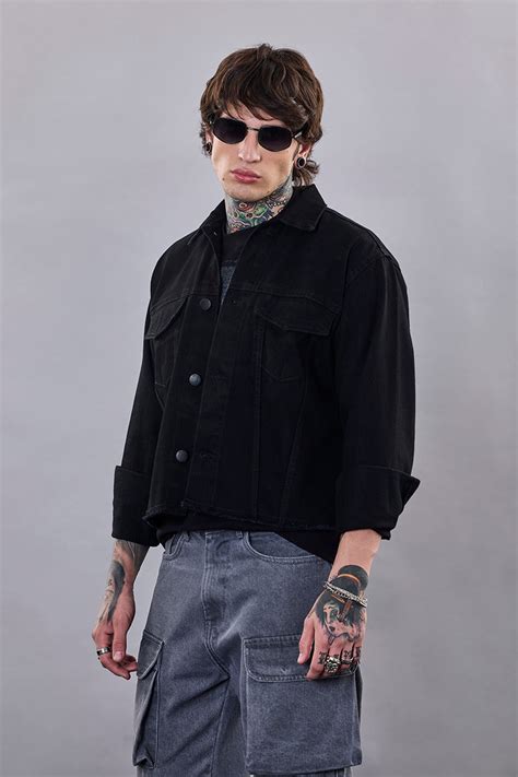 Buy Men's Snitch Revolution Black Cropped Printed Denim Jacket Online ...