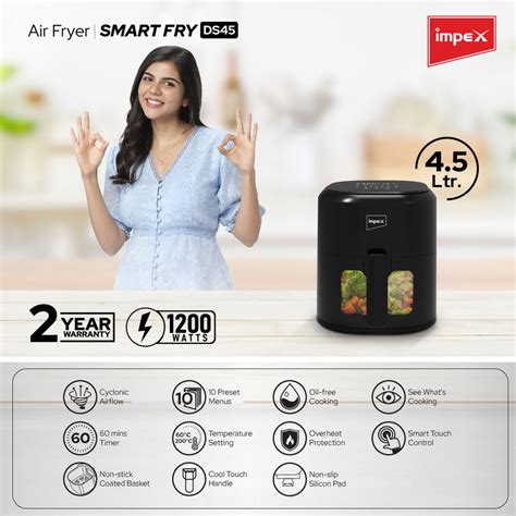 Impex Smart Fry DS45 Air Fryer 4.5 L, 1200 W | 90% Less Oil | Instant ...