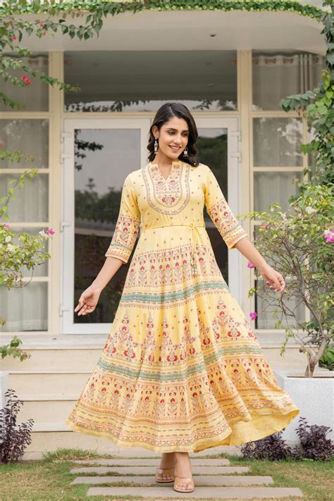 Yellow Ethnic Motif Printed Liva RayonDress With Dori & Kaudis