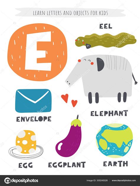 E letter objects and animals including elephant, eel, egg, eggplant ...
