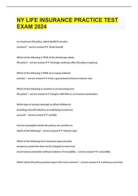 NY LIFE INSURANCE PRACTICE TEST EXAM 2024 - NY LIFE INSURANCE - Stuvia US